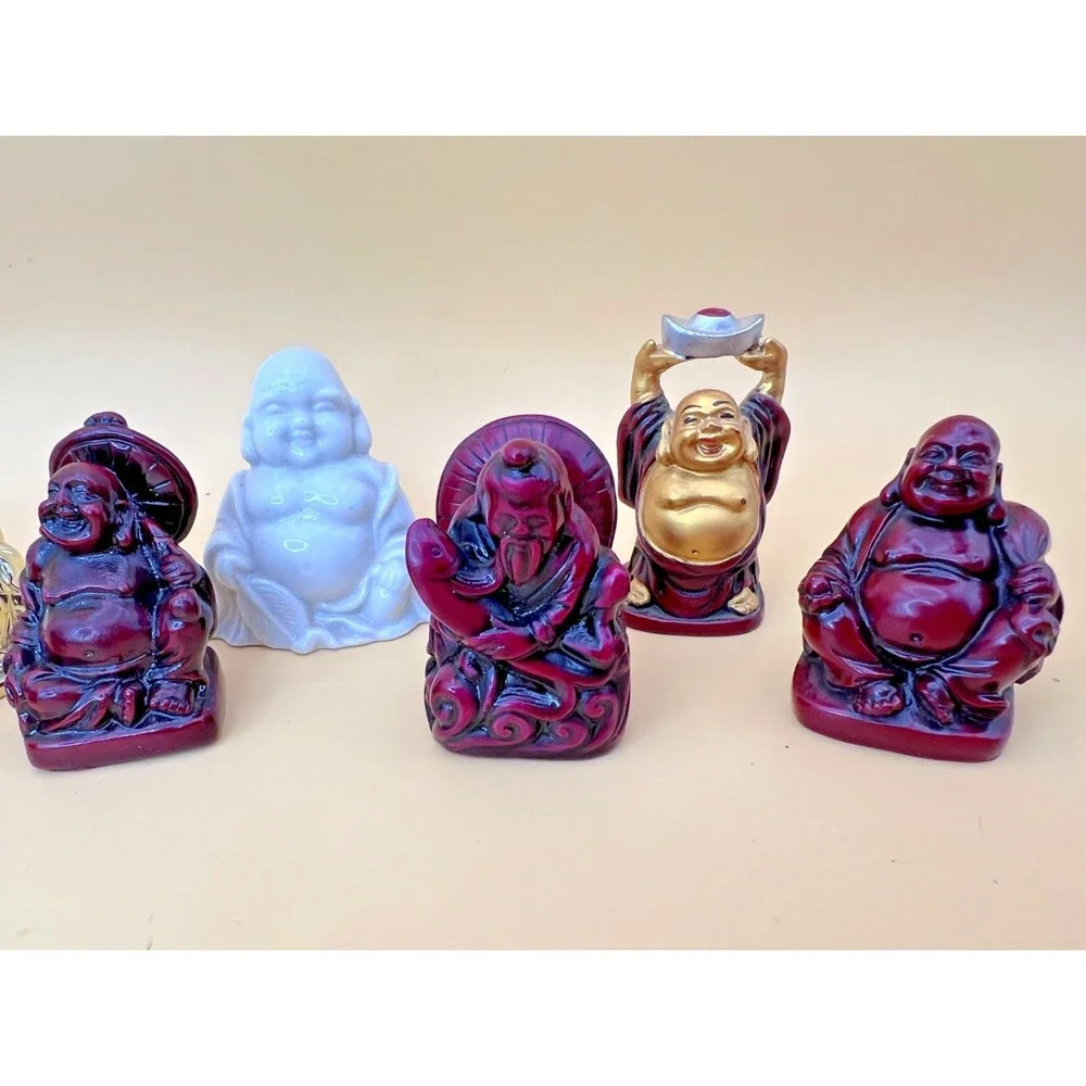 Lot of 8 Miniature Buddha and Happy Buddha Figurines - Stone, Resin, Ceramic